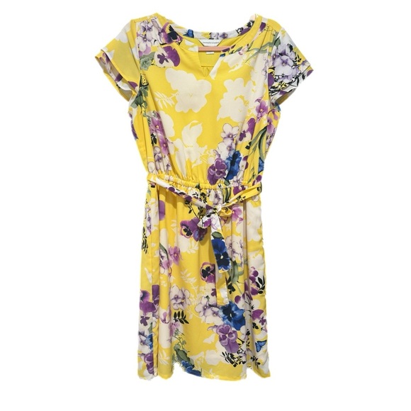 CHRISTOPHER & BANKS Dress Yellow Violet Floral Short Sleeve Knee Length Sz Small - Picture 7 of 15